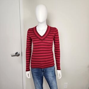Lacoste Merino Wool Light and Dark red Strip V-Neck Knit Top Sz 36 US 5.5